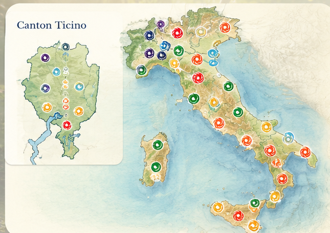 Cartina dell’Italia e del Canton Ticino con spiraline colorate